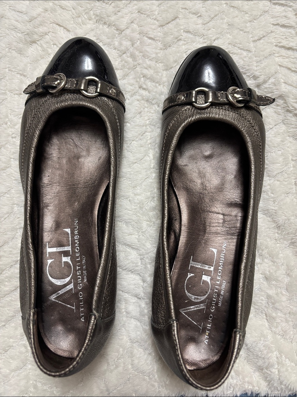 Attilio Giusti Leombruni Bronze Metallic Ballet Flats with Black Patent Cap Toe